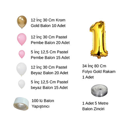 3 Yaş Krom Gold Pastel Pembe ve Beyaz Balon Seti Gold Rakamlı Doğum Günü Balonu Şık Parti Süsleme
