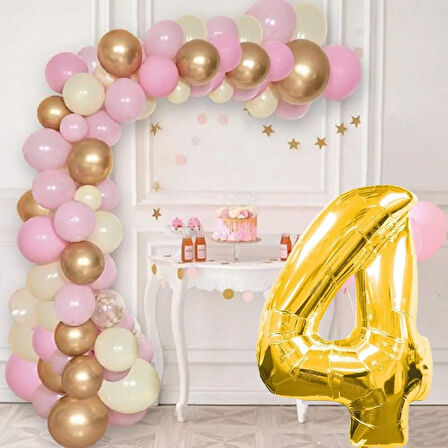 4 Yaş Krom Gold Pastel Pembe ve Beyaz Balon Seti Gold Rakamlı Doğum Günü Balonu Şık Parti Süsleme