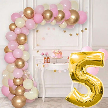 5 Yaş Krom Gold Pastel Pembe ve Beyaz Balon Seti Gold Rakamlı Doğum Günü Balonu Şık Parti Süsleme