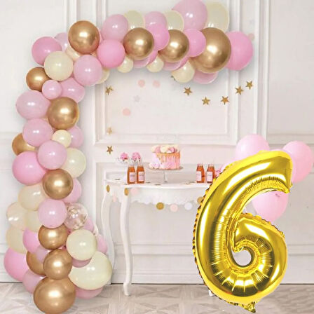 6 Yaş Krom Gold Pastel Pembe ve Beyaz Balon Seti Gold Rakamlı Doğum Günü Balonu Şık Parti Süsleme