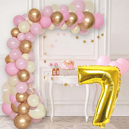 7 Yaş Krom Gold Pastel Pembe ve Beyaz Balon Seti Gold Rakamlı Doğum Günü Balonu Şık Parti Süsleme