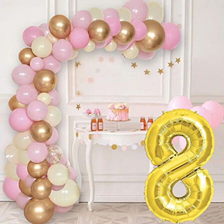 8 Yaş Krom Gold Pastel Pembe ve Beyaz Balon Seti Gold Rakamlı Doğum Günü Balonu Şık Parti Süsleme