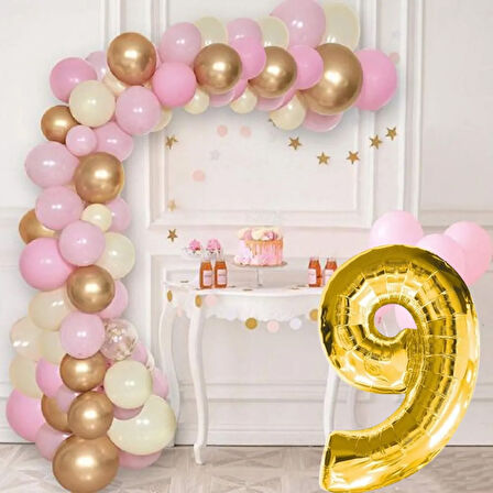 9 Yaş Krom Gold Pastel Pembe ve Beyaz Balon Seti Gold Rakamlı Doğum Günü Balonu Şık Parti Süsleme