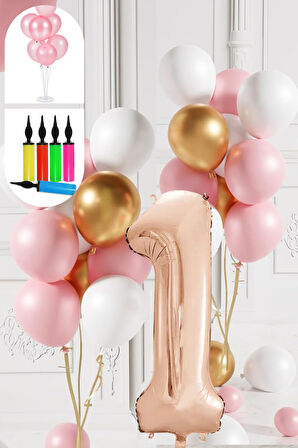 1 Yaş Balon Standlı Ve Pompalı Retro Gold Pembe Beyaz Balon Seti Rose Gold Rakamlı Süsleme