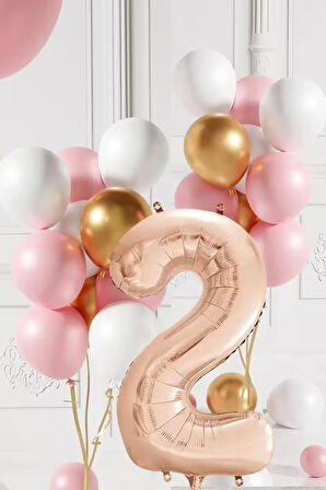2 Yaş Retro Gold Pembe Beyaz Balon Seti Rose Gold Rakamlı Doğum Günü Balonu Şık Parti Süsleme