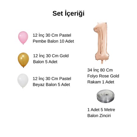 3 Yaş Retro Gold Pembe Beyaz Balon Seti Rose Gold Rakamlı Doğum Günü Balonu Şık Parti Süsleme