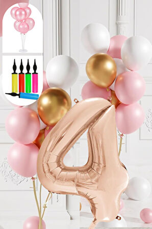 4 Yaş Balon Standlı Ve Pompalı Retro Gold Pembe Beyaz Balon Seti Rose Gold Rakamlı Süsleme