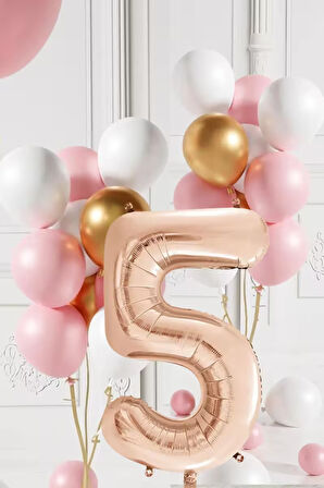 5 Yaş Retro Gold Pembe Beyaz Balon Seti Rose Gold Rakamlı Doğum Günü Balonu Şık Parti Süsleme