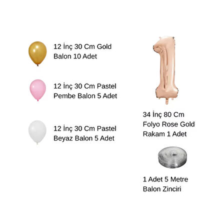 7 Yaş Retro Gold Pembe Beyaz Balon Seti Rose Gold Rakamlı Doğum Günü Balonu Şık Parti Süsleme