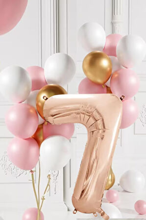7 Yaş Retro Gold Pembe Beyaz Balon Seti Rose Gold Rakamlı Doğum Günü Balonu Şık Parti Süsleme