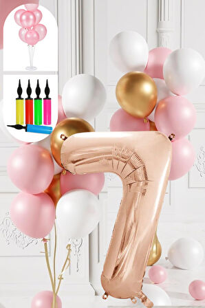 7 Yaş Balon Standlı Ve Pompalı Retro Gold Pembe Beyaz Balon Seti Rose Gold Rakamlı Süsleme