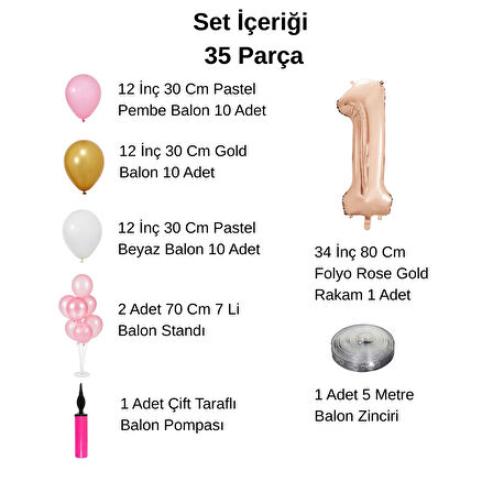 9 Yaş Balon Standlı Ve Pompalı Retro Gold Pembe Beyaz Balon Seti Rose Gold Rakamlı Süsleme