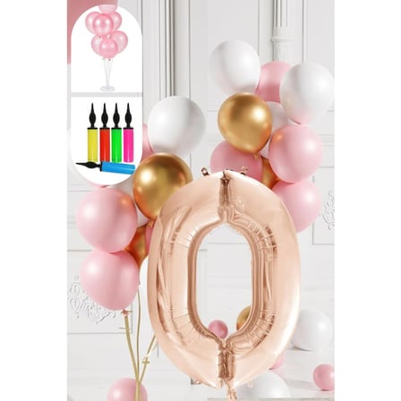 0 Yaş Balon Standlı ve Pompalı Retro Gold Pembe Beyaz Balon Seti Rose Gold Rakamlı Süsleme