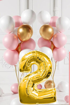 2 Yaş Retro Gold Pembe Beyaz Balon Seti Gold Rakamlı Doğum Günü Balonu Şık Parti Süsleme