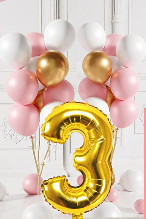 3 Yaş Retro Gold Pembe Beyaz Balon Seti Gold Rakamlı Doğum Günü Balonu Şık Parti Süsleme