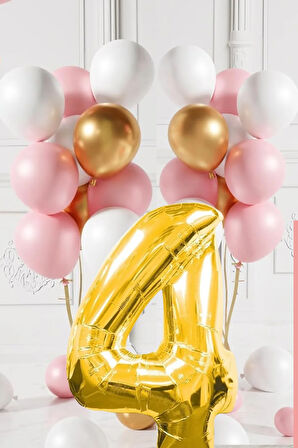 4 Yaş Retro Gold Pembe Beyaz Balon Seti Gold Rakamlı Doğum Günü Balonu Şık Parti Süsleme
