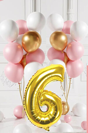 6 Yaş Retro Gold Pembe Beyaz Balon Seti Gold Rakamlı Doğum Günü Balonu Şık Parti Süsleme