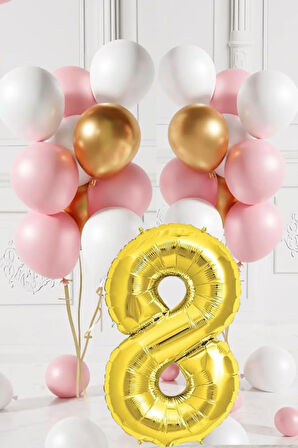 8 Yaş Retro Gold Pembe Beyaz Balon Seti Gold Rakamlı Doğum Günü Balonu Şık Parti Süsleme