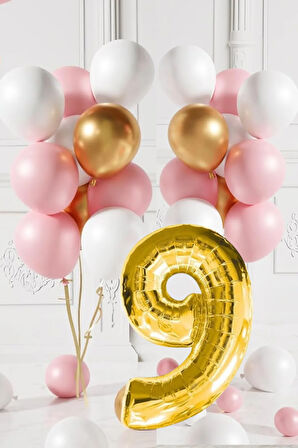 9 Yaş Retro Gold Pembe Beyaz Balon Seti Gold Rakamlı Doğum Günü Balonu Şık Parti Süsleme