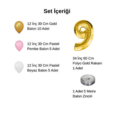 9 Yaş Retro Gold Pembe Beyaz Balon Seti Gold Rakamlı Doğum Günü Balonu Şık Parti Süsleme