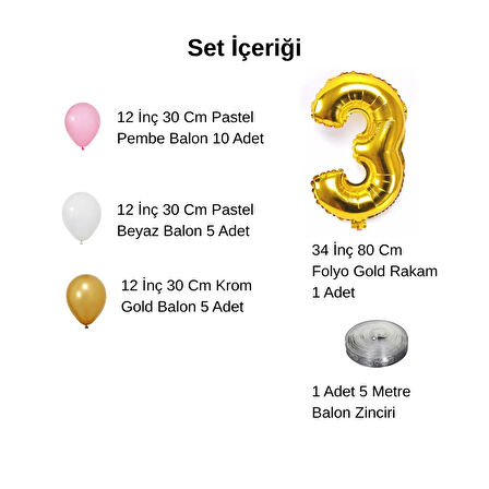 7 Yaş Retro Krom Gold Pembe Beyaz Balon Seti Gold Rakamlı Doğum Günü Balonu Şık Parti Süsleme