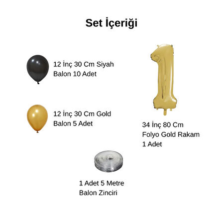 1 Yaş Gold Siyah Balon Seti Gold Rakamlı Doğum Günü Balonu Şık Parti Süsleme