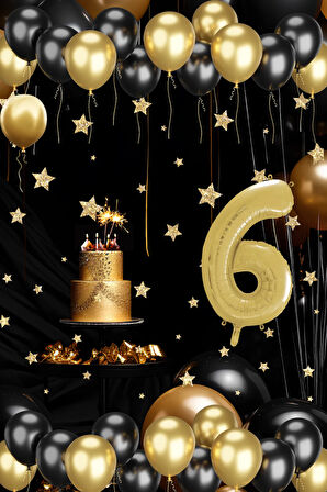 6 Yaş Gold Siyah Balon Seti Gold Rakamlı Doğum Günü Balonu Şık Parti Süsleme