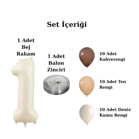 3 Yaş Retro Kahve Bej Ten Rengi Doğum Günü Seti Bej Folyo Rakam