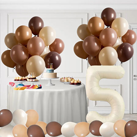 5 Yaş Retro Kahve Bej Ten Rengi Doğum Günü Seti Bej Folyo Rakam