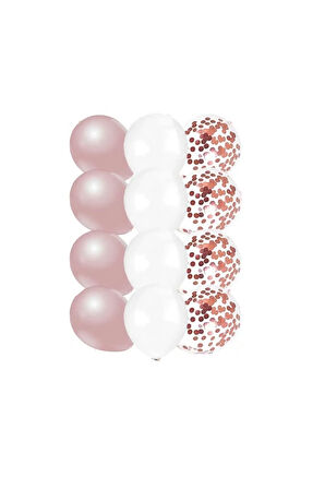 10 Adet 12 Inç Beyaz Rose Gold Ve Konfetili Karışık Balon