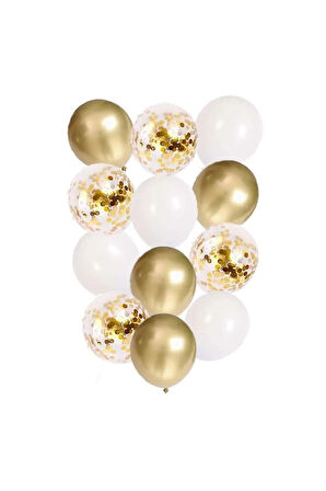 10 Adet 12 Inç Beyaz Krom Gold Ve Konfetili Karışık Balon