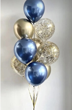 10 Adet 12 Inç Krom Gold Krom Mavi Ve Konfetili Karışık Balon