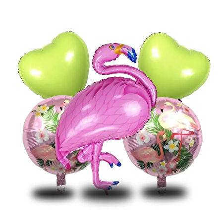 5 li Flamingo Temalı Yeşil Folyo Kalpli Set Doğum Günü Süsü Parti Süsü