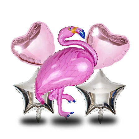 5 li Flamingo Temalı Gümüş Folyo Yıldızlı Set Doğum Günü Süsü Parti Süsü