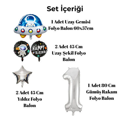 3 Yaş Uzay Temalı Doğum Günü Seti Uzay Folyo Şekiller Gümüş Folyo Rakam
