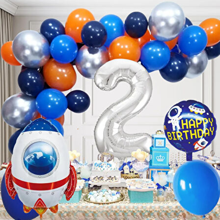 2 Yaş Uzay Temalı Doğum Günü Seti Uzay Mekiği Happy Birthday Yazı Renkli Balonlar Gümüş Folyo Rakam
