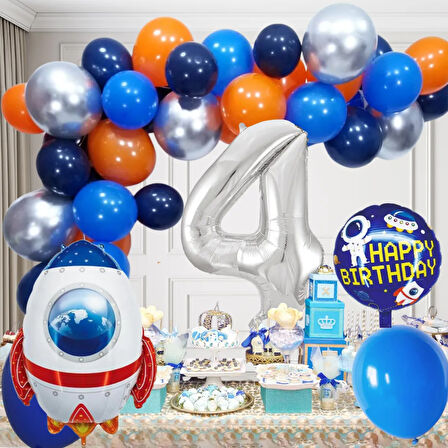 4 Yaş Uzay Temalı Doğum Günü Seti Uzay Mekiği Happy Birthday Yazı Renkli Balonlar Gümüş Folyo Rakam