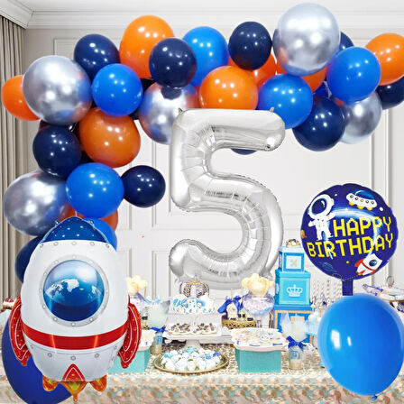 5 Yaş Uzay Temalı Doğum Günü Seti Uzay Mekiği Happy Birthday Yazı Renkli Balonlar Gümüş Folyo Rakam