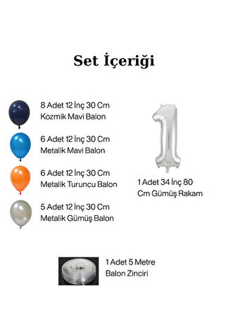 4 Yaş Kozmik Temalı Doğum Günü Seti Kozmik Mavi Turuncu Gümüş Mavi Balonlar Gümüş Folyo Rakam