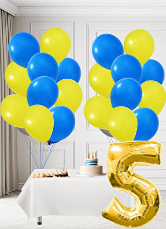 5 Yaş Sarı Lacivert Taraftar Temalı Doğum Günü Seti Sarı Lacivert Balonlar Altın Folyo Rakam