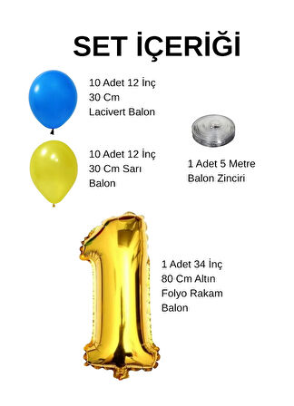 5 Yaş Sarı Lacivert Taraftar Temalı Doğum Günü Seti Sarı Lacivert Balonlar Altın Folyo Rakam