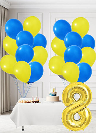 8 Yaş Sarı Lacivert Taraftar Temalı Doğum Günü Seti Sarı Lacivert Balonlar Altın Folyo Rakam