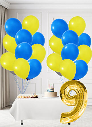9 Yaş Sarı Lacivert Taraftar Temalı Doğum Günü Seti Sarı Lacivert Balonlar Altın Folyo Rakam