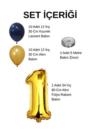 1 Yaş Sarı Lacivert Taraftar Temalı Doğum Günü Seti Altın Kozmik Lacivert Balonlar Altın Folyo Rakam