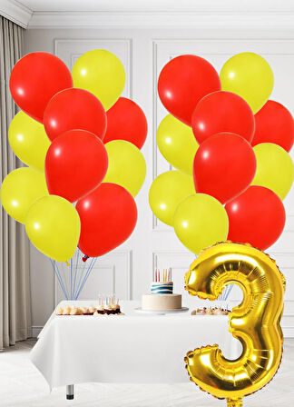 3 Yaş Sarı Kırmızı Taraftar Temalı Doğum Günü Seti Sarı Kırmızı Balonlar Altın Folyo Rakam