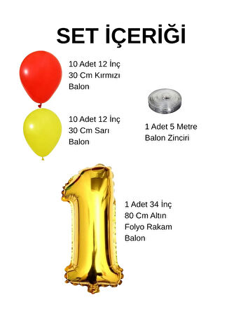 3 Yaş Sarı Kırmızı Taraftar Temalı Doğum Günü Seti Sarı Kırmızı Balonlar Altın Folyo Rakam