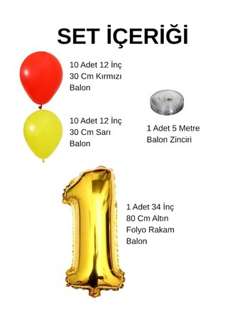 5 Yaş Sarı Kırmızı Taraftar Temalı Doğum Günü Seti Sarı Kırmızı Balonlar Altın Folyo Rakam