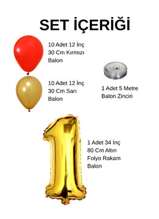 3 Yaş Sarı Kırmızı Taraftar Temalı Doğum Günü Seti Altın Kırmızı Balonlar Altın Folyo Rakam