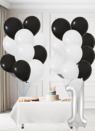 1 Yaş Siyah Beyaz Taraftar Temalı Doğum Günü Seti Siyah Beyaz Balonlar Gümüş Folyo Rakam