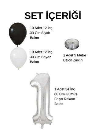 1 Yaş Siyah Beyaz Taraftar Temalı Doğum Günü Seti Siyah Beyaz Balonlar Gümüş Folyo Rakam